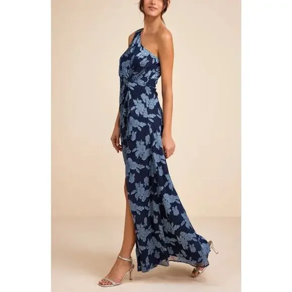 Lulus One Shoulder Floral Jacquard Maxi Dress Medium Navy Blue Wedding Guest - Picture 1 of 12